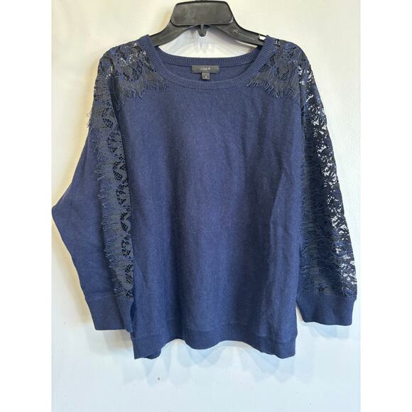 J. Crew Wool Blend Navy Blue Sweater Womens S Black Lace Detail E5011 P… - Picture 1 of 5